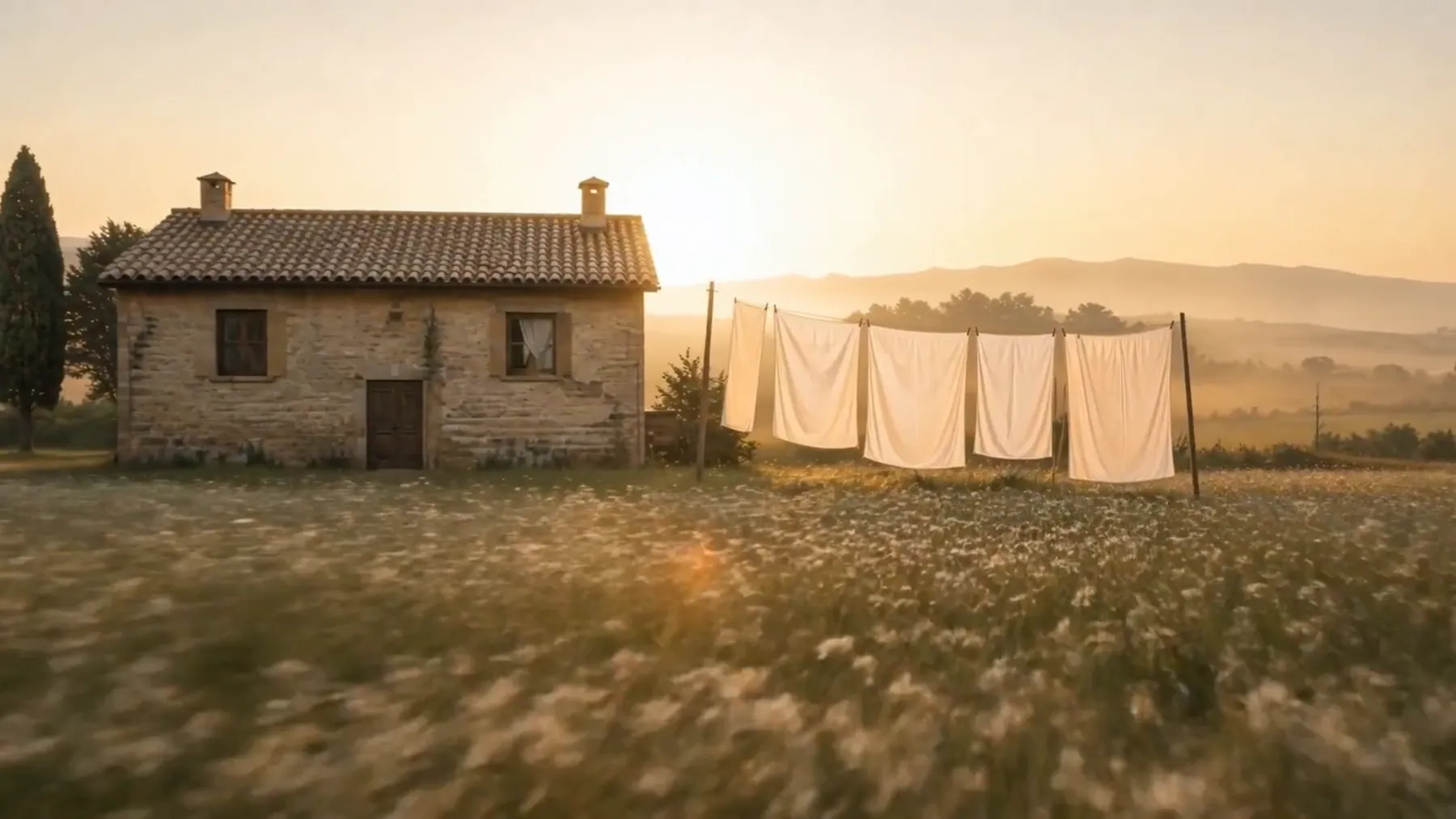 Una casa di pietra in fondo a un campo di margherite all'alba, con il bucato steso accanto e le colline nella foschia.