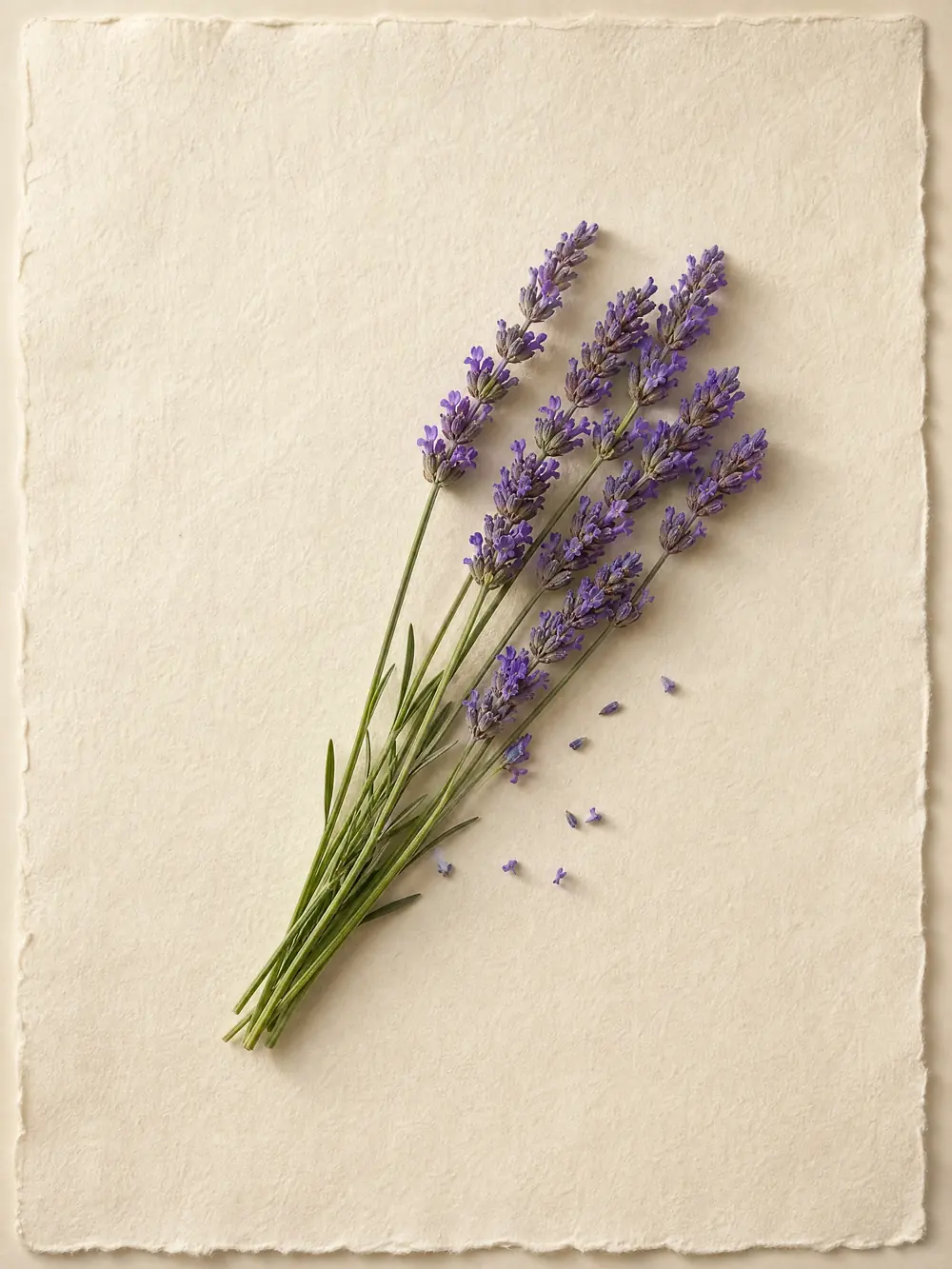 Un mazzetto di lavanda fresca posato su un foglio di carta a mano color crema.