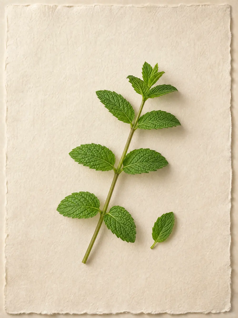 Un rametto di menta fresca posato su un foglio di carta a mano color crema.