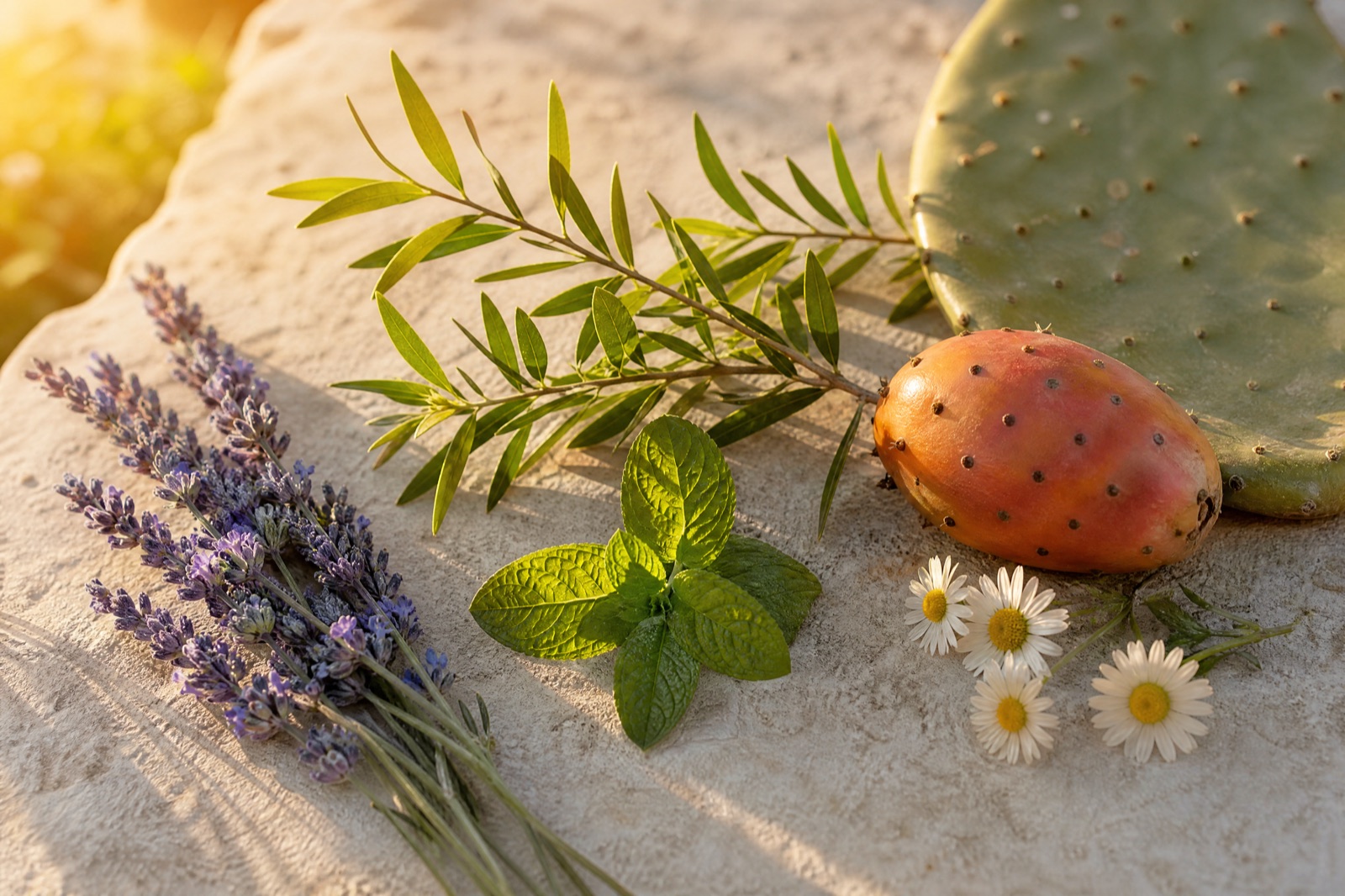 Lavanda, un rametto di tea tree, foglie di menta e un fico d'india posati su pietra chiara nella luce del pomeriggio, con alcune margherite.