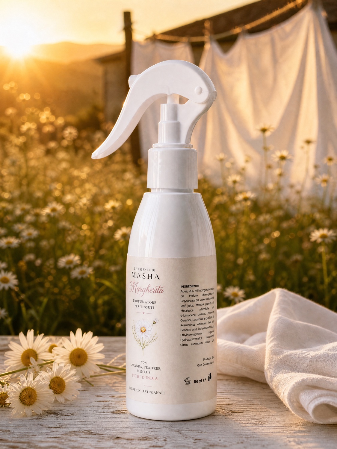Il flacone spray Margherita da 150 ml su un tavolo di legno chiaro, con margherite appena colte accanto e il campo fiorito con il bucato steso sfocato alle spalle.